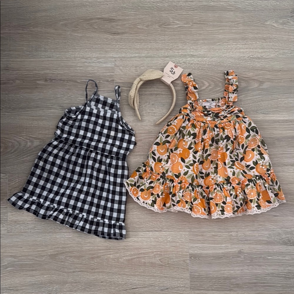 Summer Dress Lot Black Checkered Dress and Orange Floral Dress with Headband